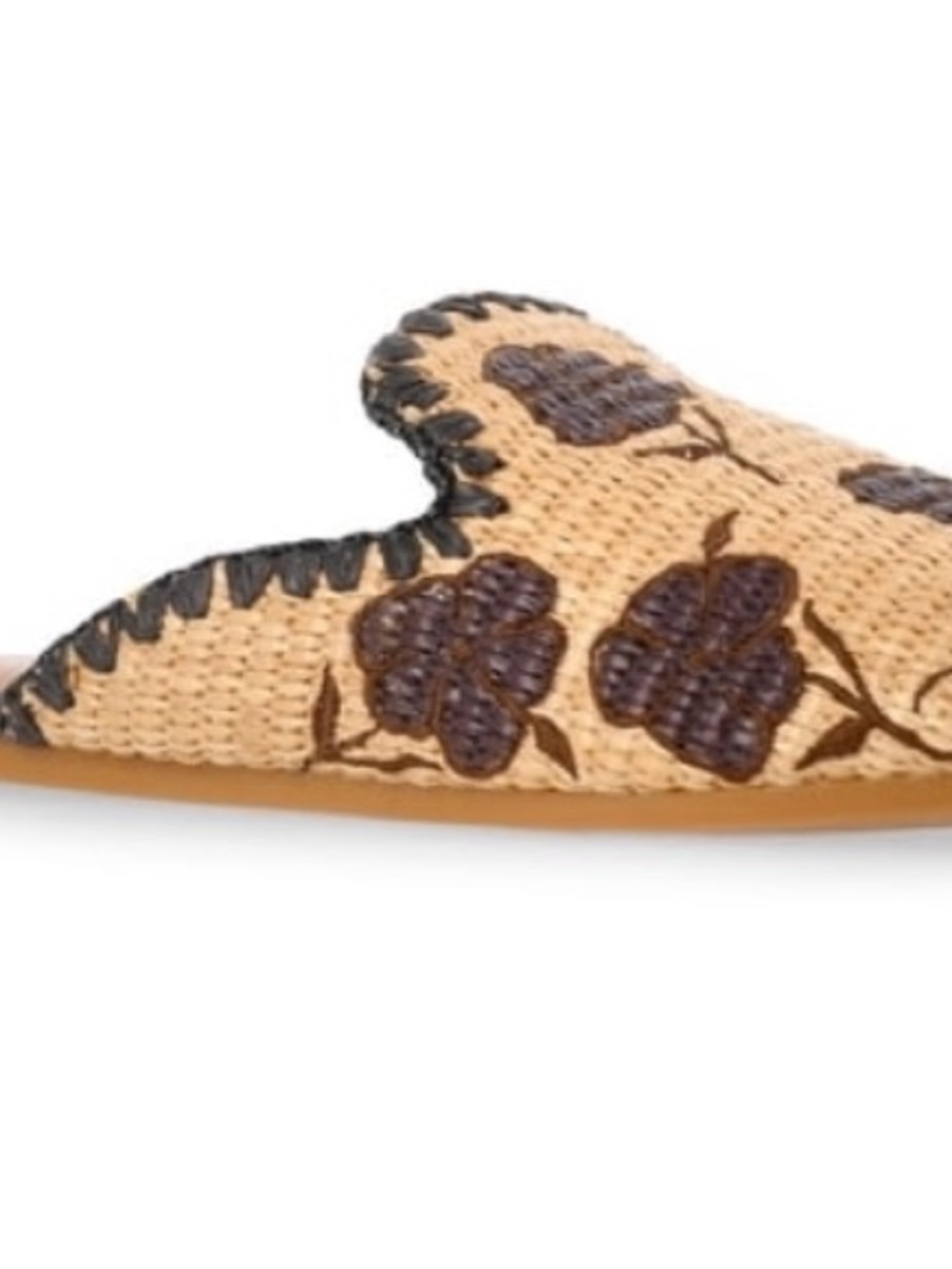 Time and Tru Tan Raffia Floral Slip-On Mules with Dark Brown Embroidery